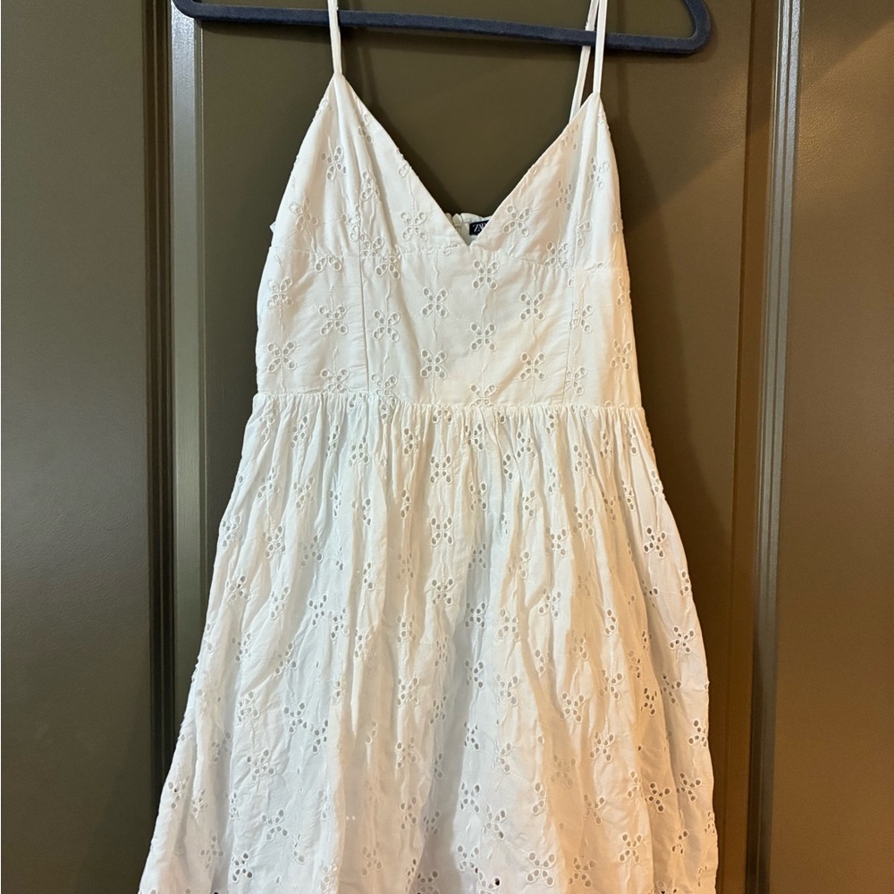 Zara White Eyelet Spaghetti Strap Dress